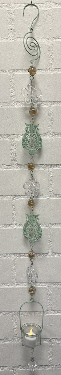 Deco theelichthouder "uil + doorzichtige bloemen" met metalen ketting - licht groene ketting + glazen bloemen - lengte 110 cm - exclusief theelicht - Woondecoratie - Theelichthouder - Woonaccessoires