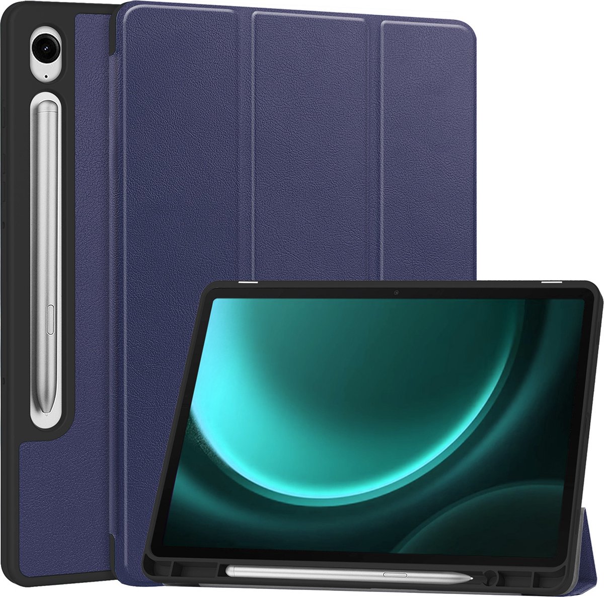 Hoesje Geschikt voor Samsung Galaxy Tab S9 FE - Dun & Stevig - Trifold Bookcase - Hard Cover Case - Met Uitsparing Geschikt voor S Pen - Hardcover Book - Tablet Hoes - Donkerblauw