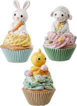 Viv! Christmas Paasdecoratie - Cupcake met Kuiken, Lammetje en Konijn - set van 3 - pasen - pastel - 15cm