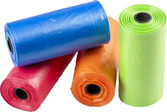 Vier afvalzakrolletjes in de kleuren blauw, rood, oranje en groen.