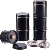Set van 6 kruidenpotjes zwart stapelbaar met extra aromadeksel incl. 6 etiketten + 2 strooi-inzetstukken Hoogte: elk ca. 6,5 cm, elk ca. 6,6 cm blikjes materiaal: blik BPA-vrij en