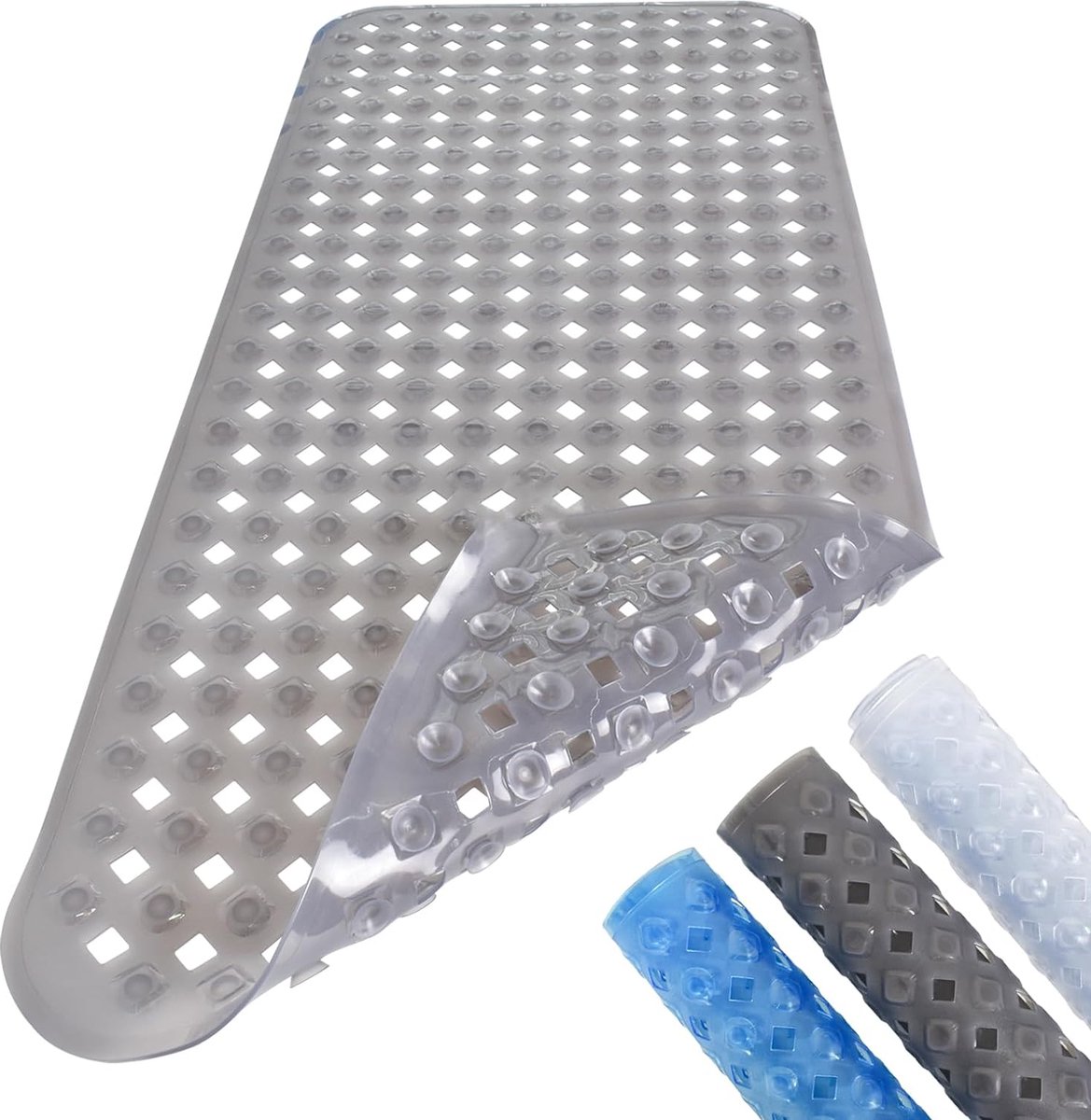 Badmat, antislip, 88 x 40 cm, extra lang, schimmelbestendig, machinewasbaar, badmat, douchemat met afvoergaten, zuignappen (helder grijs)