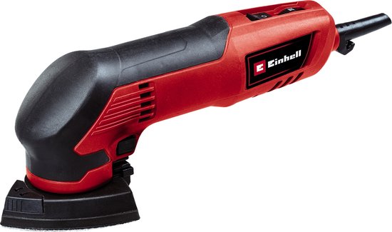 Een rode en zwarte Einhell multitool met een ergonomisch handvat.