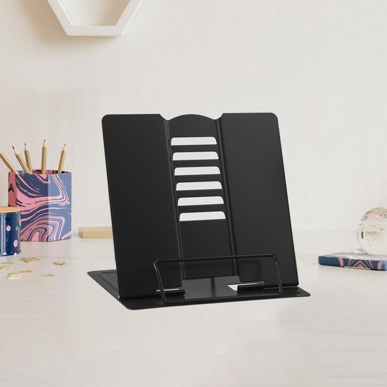 Leesstandaard met metalen beugel, multifunctionele verstelbare boekensteunen, boekenstandaard voor werkkamer, boek, magazijn, menu, iPad, kookboek, notities, kantoor, school, deze kleur passend (melkwit paars