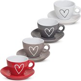 matches21 - set van 4x espressokopjes - 8-delige set hart decor wit grijs bruin rood incl. schotel - keramiek 5cm 50 ml