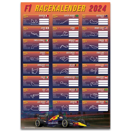 F1 Racekalender 2022 | Poster | A3 | 29,7 x 42 cm | Formule 1 | Blauw