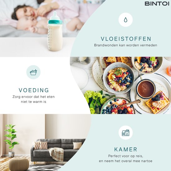 Bovenaan een baby die slaapt met melkfles. Middenin ontbijtkommen met fruit en wafels. Onderaan een woonkamer met grijze sofa.
