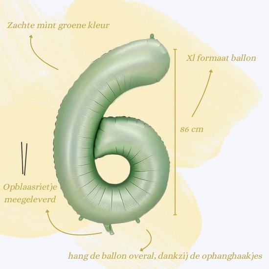 XL ballon in de vorm van het cijfer 6 in zachte mintgroene kleur. Afmeting 86 cm. Inclusief blaaspijpje.