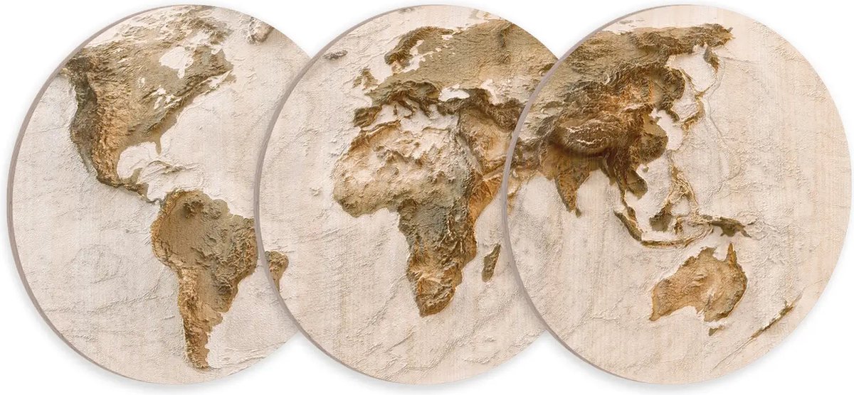 Muurcirkel Drieluik Wereldkaart Earth | ø50cm | met 100 gratis kleurrijke vlaggetjes