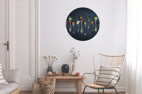 WallCircle - Muurstickers - Behangcirkel - Kruiden - Lepel - Zilver - Specerijen - Industrieel - 50x50 cm - Muurcirkel - Zelfklevend - Ronde Behangsticker