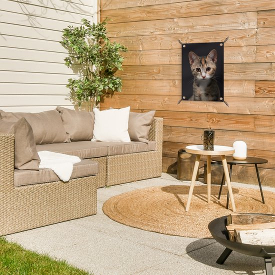 Tuinposter 30x40 cm - Tuindecoratie Kat - Zwart - Portret - Poster voor in de tuin - Buiten decoratie - Schutting tuinschilderij - Tuindoek muurdecoratie - Wanddecoratie balkondoek