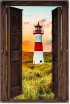 Tuinposter 120x180 cm - Vuurtoren - Doorkijk - Natuur - Zon - Landschap - Strand - Zee - Donkerbruine deur - Tuindecoratie voor buiten - Schutting decoratie - Muurdecoratie - Tuin schilderij - Tuindoek - Buitenposter