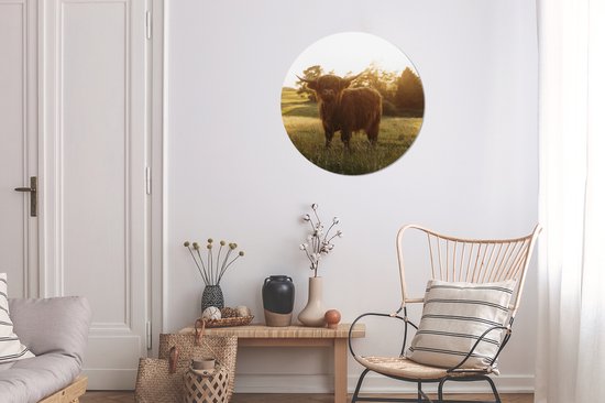 WallCircle - Stickers muraux - Cercle de papier peint - Highlander écossais - Herbe - Soleil - 50x50 cm - Cercle mural - Auto-adhésif - Sticker papier peint rond