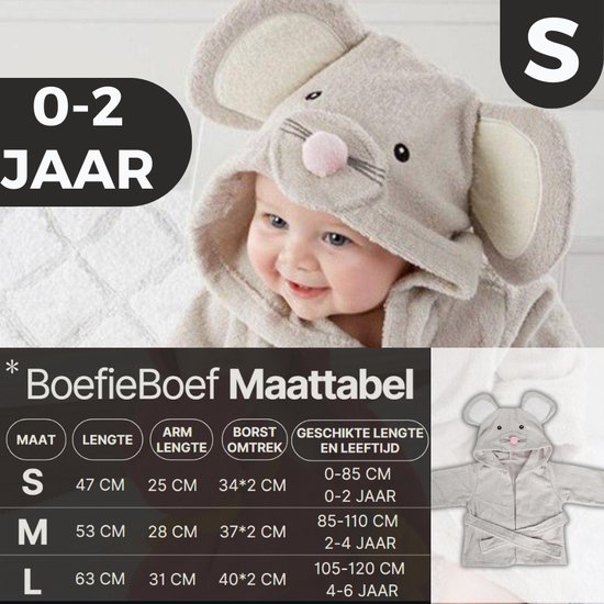 BoefieBoef Muis Kinder Badjas Baby & Peuter 0-2 Jaar (Max 85 cm) – Zacht Katoen Badstof met Dieren Capuchon – Absorberende Ochtendjas Handdoek voor Jongens & Meisjes – Zwemles, Carnaval, Verjaardag & Kraamcadeau – Perfect na Bad & Zwemmen - Grijs — afbeelding 5