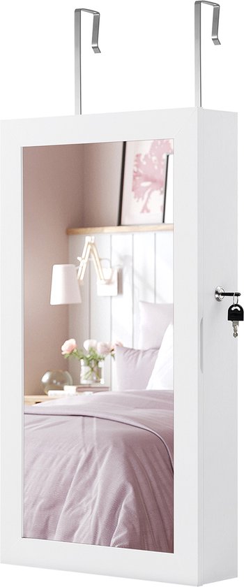 Signature Home Armoire à bijoux Wit avec miroir - Miroir pleine longueur Miroir de rangement suspendu - armoire à bijoux verrouillable - Miroir mural - surface blanche,