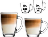Vienberg - 12-delige Premium glazen met handvat 6x 250ml + 6x 230ml - latte glazen, theeglazen, cappuccino-kopjes - ideaal voor warme dranken