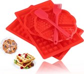 Siliconen wafelvorm bakvorm 4 stuks wafels vorm cakevorm chocolade snoep vormen rood hart en rechthoekig met deegschraper en kwast (4 stuks)