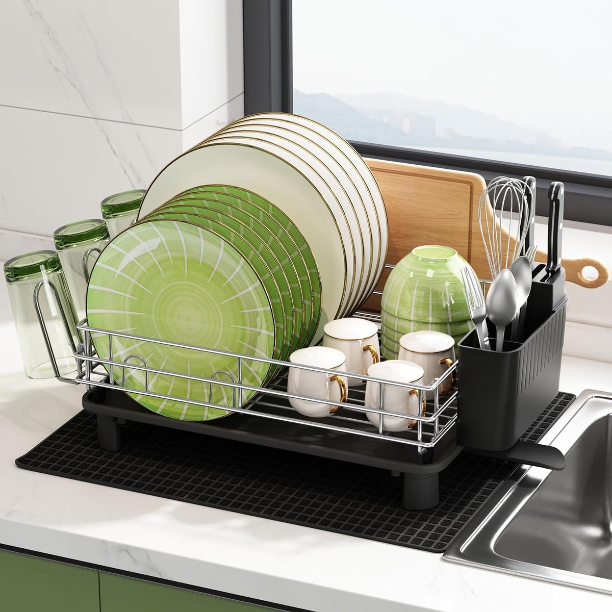 Goedkoopste Afdruiprek met lekbak, groot afdruiprek voor spoelbak met afdruiprek en draaibare uitloop, afdruiprek, grijs