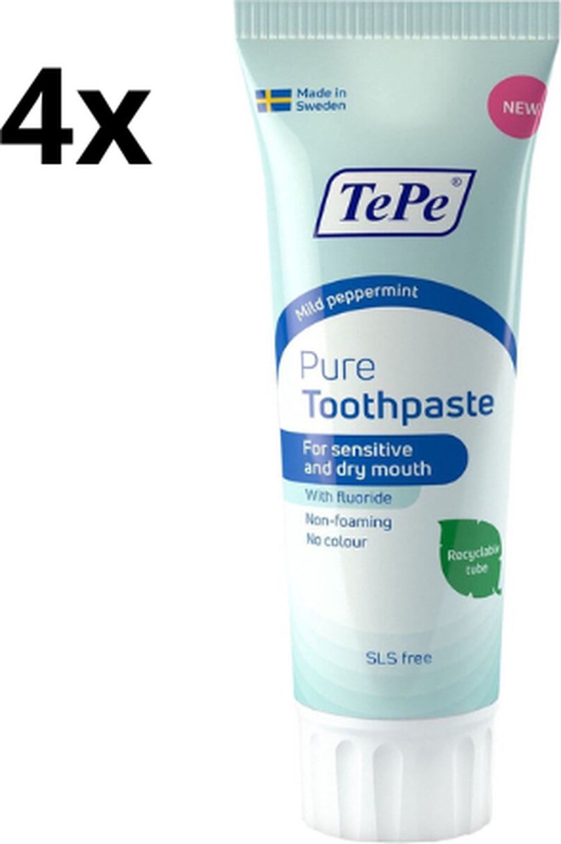 TePe Pure Tandpasta Mild Peppermint - 4 x 75 ml - Voordeelverpakking