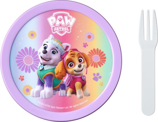 Assiette Mepal avec les personnages de Paw Patrol Everest et Skye, rose et turquoise avec des fleurs, avec une petite fourchette.