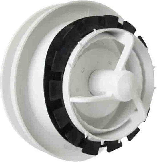 Binnenzijde van een witte ventilatieklep met zwarte rubberen afdichting en kunststof schoepen.