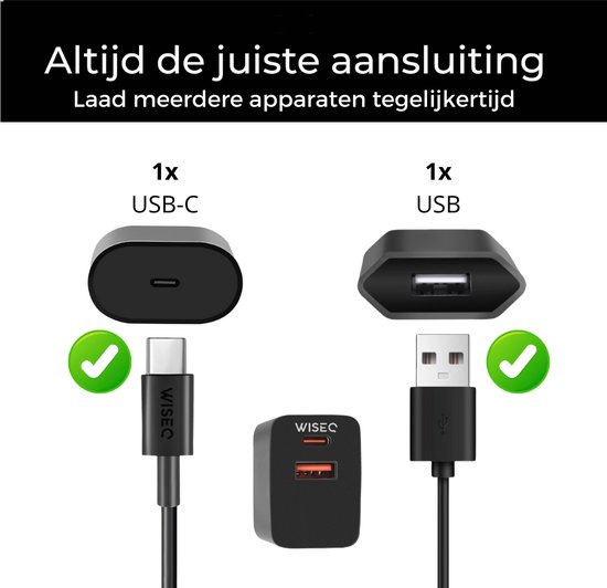 Chargeur rapide 25 W pour Samsung Huawei, Oppo, iPhone 15 et MacBook – Câble de charge USB C 1,2 m – Zwart - WiseQ