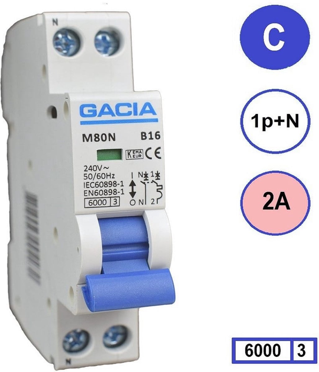 Gacia installatieautomaat 1P+N C2 6KA - M80N-C02