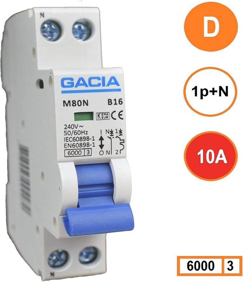 Gacia installatieautomaat 1P+N D10 6KA - M80N-D10
