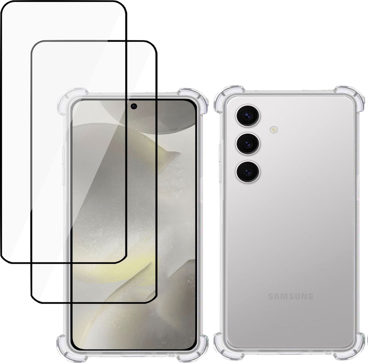 Geschikt voor Samsung Galaxy S24 Plus - Hoesje + 2x Screenprotector – Full Cover Gehard Glas + Shock Proof Case – Transparant