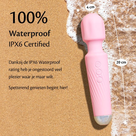 Vibrateur rose sur du sable avec des vagues. Dimensions 20cm de long et 4cm de large. 100% étanche IPX6.
