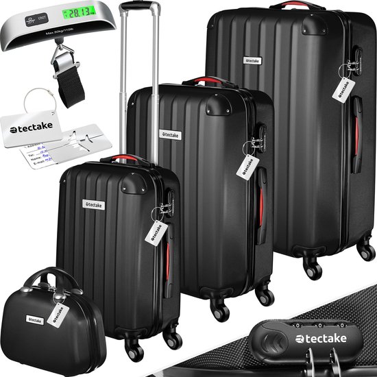 tectake® 4-delige reiskofferset inclusief koffertrolley en bagageweger, 360° wielen, harde koffer met cijferslot, grote koffer, stapelbaar, trolley handbagage - zwart