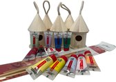 Knutselpakket vogelhuisjes rond met 12 kleuren verf en 6 penselen