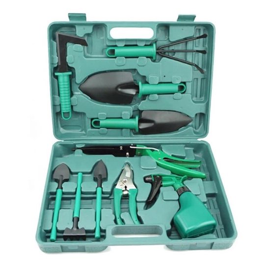 Tuingereedschap set in koffer, tuinierset, tuinsetje, 10 delige, tuin, gereedschap, tuinschaar, handschep, handhark, plantenspuit, haakvormige voegenkrabber, bloemenschepje, bloemenschaar, grasschaar en heggenschaar tuin gereedschap- handgereedschap van Kinzo Garden — afbeelding 5