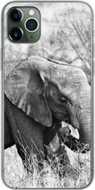 Convient pour coque iPhone 11 Pro Max - Éléphant - Animaux - Herbe - Zwart et blanc - Coque de téléphone en Siliconen