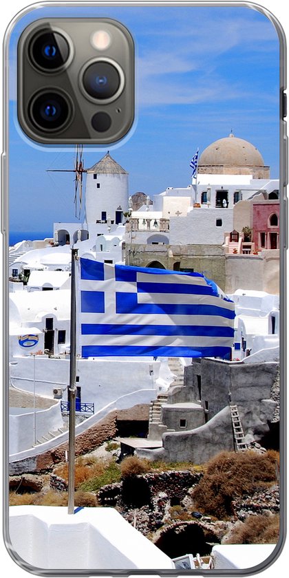 Coque iPhone 12 Pro - Drapeau de la Grèce entre les maisons blanches - Siliconen
