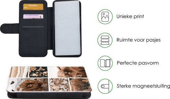 Étui pour téléphone iPhone 13 Bookcase - Highlander écossais - Collage - Fleurs - Avec compartiments - Étui portefeuille avec fermeture magnétique