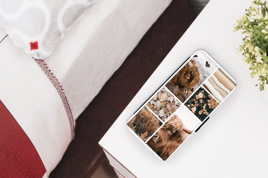 Étui pour téléphone iPhone 13 Bookcase - Highlander écossais - Collage - Fleurs - Avec compartiments - Étui portefeuille avec fermeture magnétique