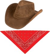 Carnaval verkleedset cowboyhoed Nebraska bruin - met rode hals zakdoek - voor volwassenen