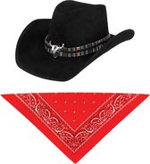Carnaval verkleedset luxe model cowboyhoed Rodeo - zwart - en rode hals zakdoek - voor volwassenen
