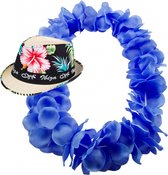 Hawaii thema party verkleedset - Trilby strohoedje - bloemenkrans knal blauw - Tropical toppers - voor volwassenen