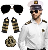 Carnaval verkleed set - luxe kapiteinspet - wit - met epauletten/badge/zonnebril - heren/dames