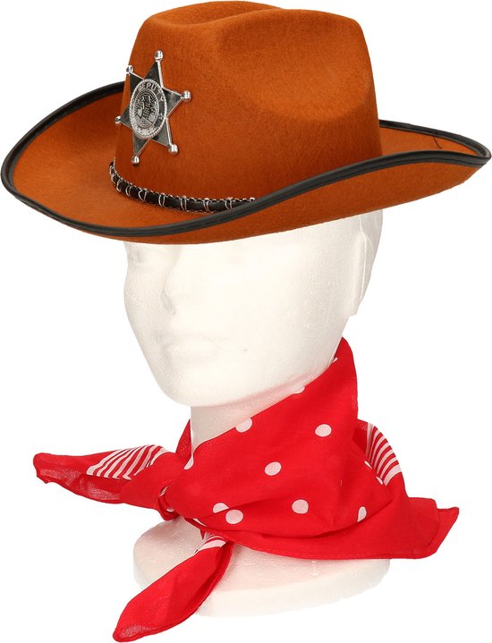 Verkleedset cowboyhoed Kentucky - bruin - met rode hals zakdoek - voor kinderen