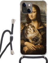 Hoesje met koord Geschikt voor iPhone 13 Mini - Mona Lisa - Kat - Leonardo da Vinci - Vintage - Kunstwerk - Oude meesters - Schilderij - Siliconen - Crossbody - Backcover met Koord - Telefoonhoesje met koord - Hoesje met touw