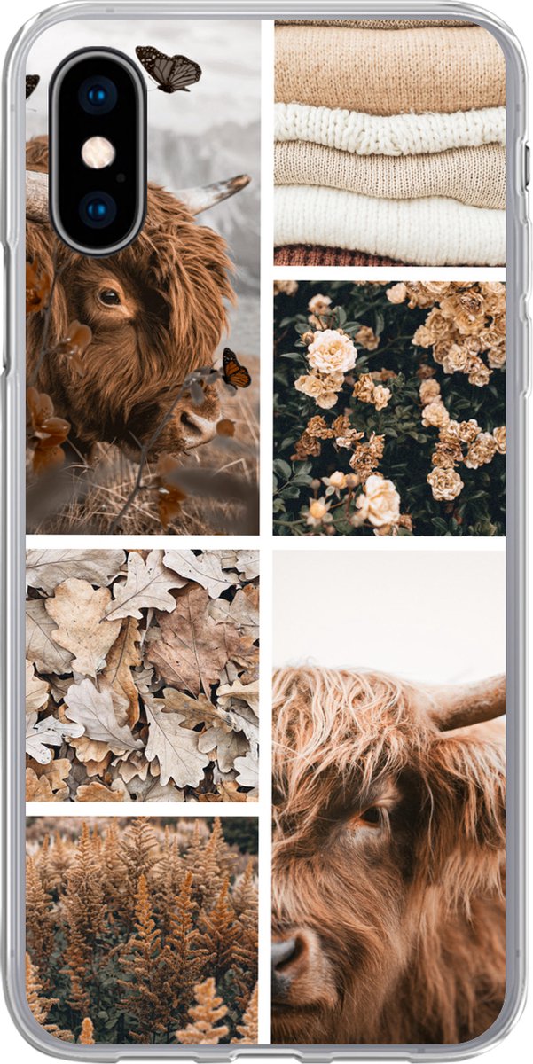 Telefoonhoesje Geschikt voor iPhone X hoesje - Schotse hooglander - Collage - Bloemen - Siliconen Telefoonhoesje Telefoonhoesje