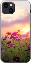 Geschikt voor iPhone 13 mini hoesje - Zonsondergang - Bloemen - Roze - Natuur - Groen - Siliconen Telefoonhoesje