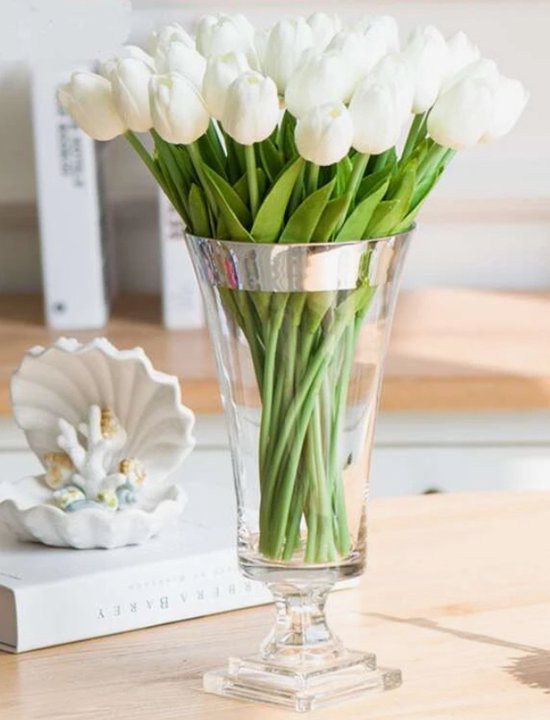 Real Touch Tulips - Wit - Real Touch Tulpen - White - Tulpen - Kunstbloemen - Kunst Tulpen - Kunst Boeket - Tulp - 36 CM - Zijden Bloemen - Latex Bloem - Bruiloft - Voorjaar - Lente