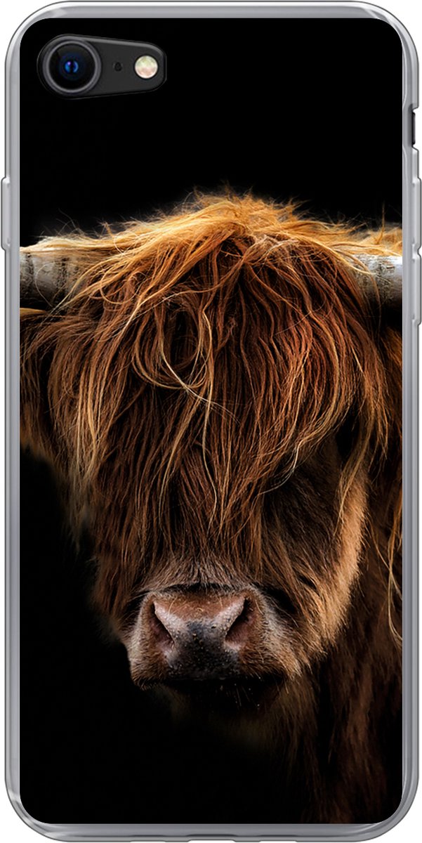 Telefoonhoesje Geschikt voor iPhone 8 hoesje - Schotse Hooglander - Horens - Zwart - Dieren - Natuur - Wild - Koe - Siliconen Telefoonhoesje Telefoonhoesje