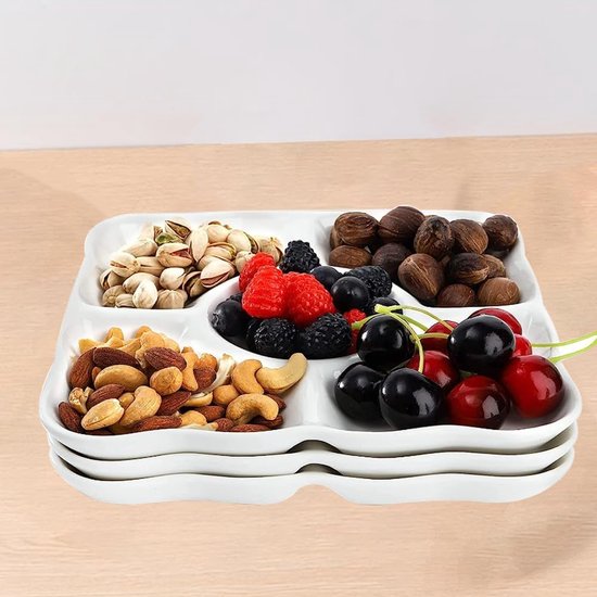 SacJkt Snackborden met 5 vakken, 4 stuks snackschalen, plastic snackborden, fruitborden van kunststof, herbruikbaar, duurzaam, voor noten, desserts ( roze, groen