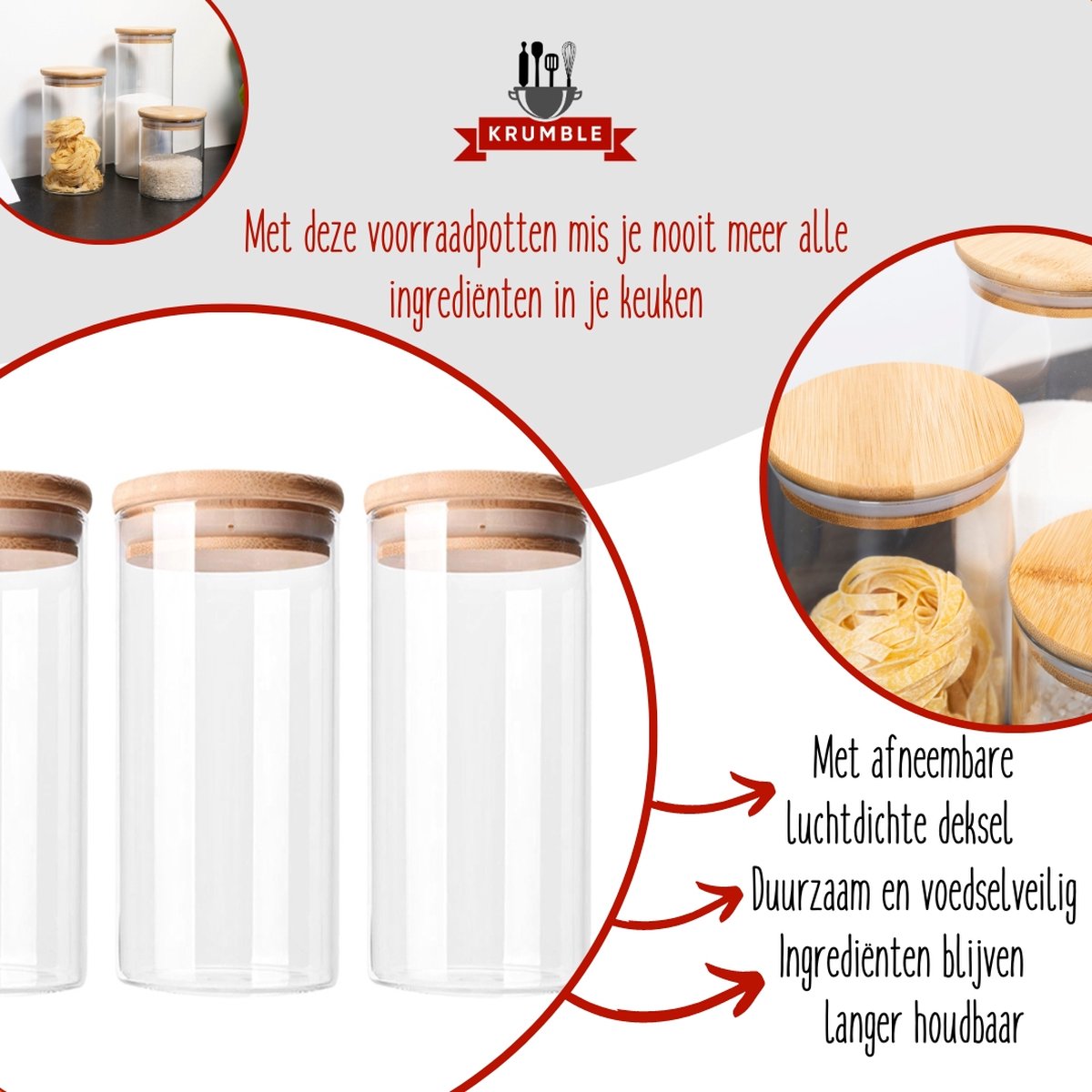 Krumble Voorraadpotten - Set van 3 - 1000 ml per pot - Met deksel - Suikerpotten - Snoeppotten - Glazen potten - Voorraadbussen - Bewaarpot - 3-delig - Opbergen en bewaren - Luchtdicht - Glas - Hout - 9 x 9 x 20,5 cm — cadeau in Wonen & Interieur - foto 8