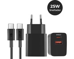 Snellader 25W - USB A en USB C oplaadstekker - inclusief USB C oplaadkabel 2 meter - geschikt voor Samsung, iPhone, Huawei, Oppo, iPhone - zwart - WiseQ